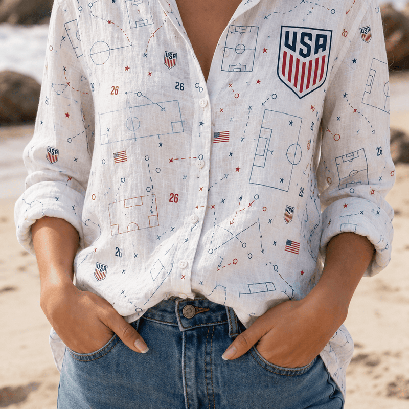 USA Soccer Team Soccer Pattern Women Linen Shirt